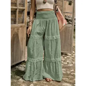 Western Country Inspired Women's Wide Leg Pants With Textured Fabric And Ruffle Trim