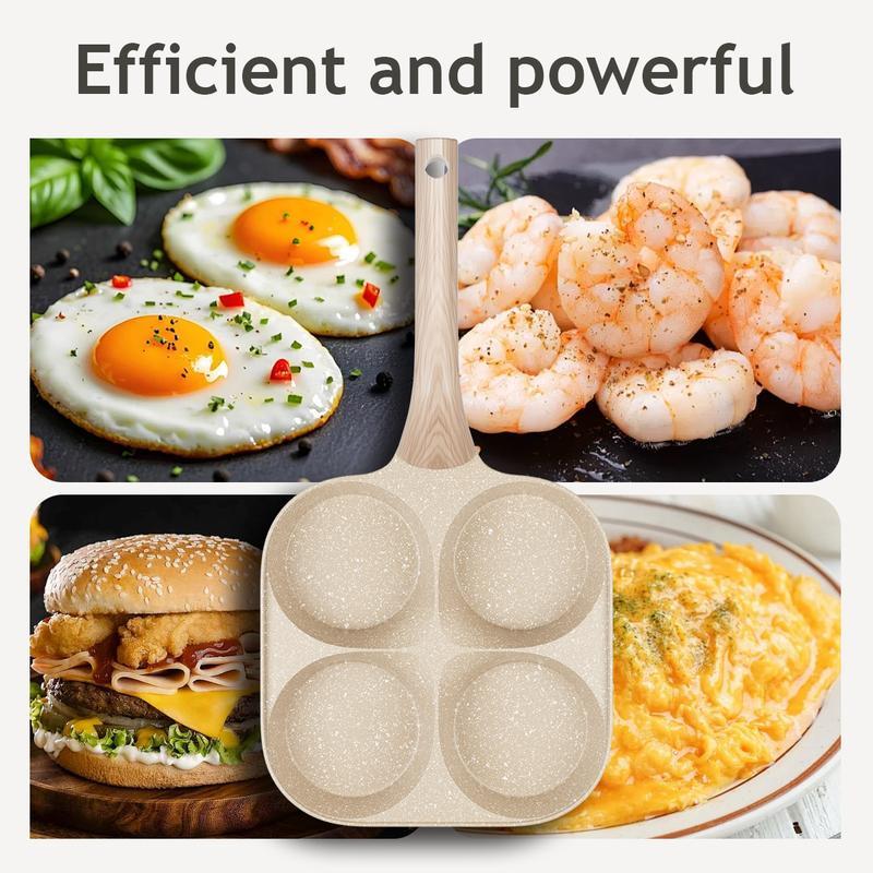 Nonstick 4-Cup Egg Frying Pan,Oil-Free Egg Pan,with Wooden Handle,Easy-Clean,for Pancakes,Burgers,Breakfast,Quick Cooking at Home,for Family Breakfasts