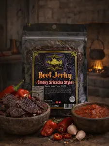 The Armored Kingdom Smoky Sriracha Style Beef Jerky 3 oz Bold Fiery Majesty Premium Beef Cuts Protein Packed Power Crafted with Care Snack Meat