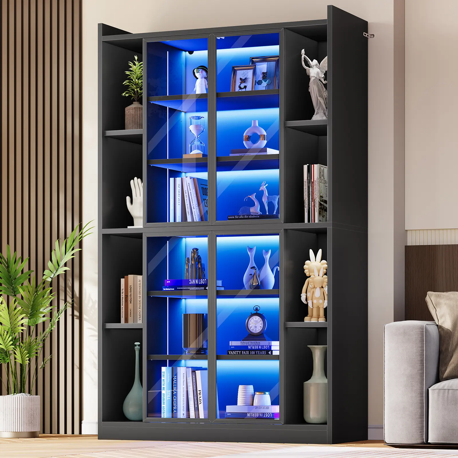 Sedeta 64-Inch Modern Wood Freestanding Collectible Functional Glass Curio Cabinet - 6-Tier Living Room Display Shelf with Acrylic Doors, LED Lights, Adjustable Shelves, Easy Setup, Storage Furniture, Decor, Collectible Glass Cabinets, Display Shelf Cabin