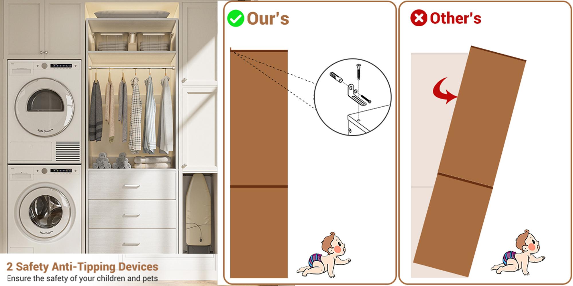 24" W Freestanding Closet Sytem with 3 Wooden Drawers and Hanging Rod, Sturdy 2FT Walk-in Closet Organizer System Wardrobe with Storage Shelves