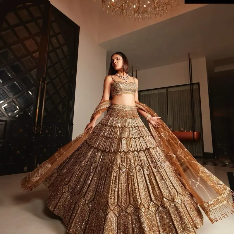 Wedding Lehenga Gold Colour Semi Stich with Intricate Embroidery and Layered Skirt for Special Occasions