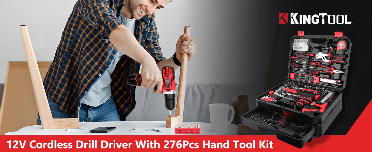 KingTool 276-Piece Tool Set Kit - Tool kit with 12V Cordless Power Drill Driver Toolbox Storage Case with Drawer, Drill Set Perfect for Homeowner, Diyer, Handyman
