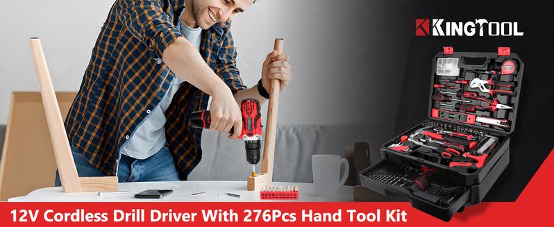 KingTool 276-Piece Tool Set Kit - Tool kit with 12V Cordless Power Drill Driver Toolbox Storage Case with Drawer, Drill Set Perfect for Homeowner, Diyer, Handyman