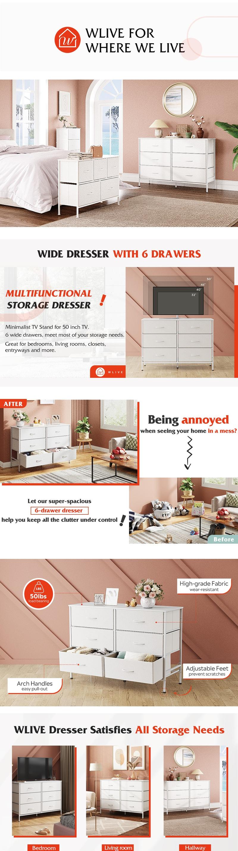 WLIVE Wide Dresser with 6 Drawers, TV Stand for 50 Inches TV, Entertainment Center with Metal Frame, Wooden Top, Fabric Storage Dresser for Bedroom, Hallway, Entryway