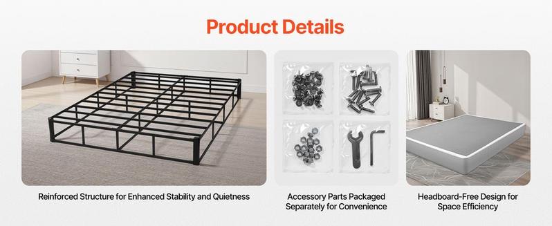 VEVOR Box Spring, Queen Size Bed Frame with Washable Fabric Cloth, Heavy Duty Metal Frame for Queen Bed, 9 in Mattress Foundation, 3500 lbs Max Weight Capacity, Easy Assembly, 79.1L x 59.6W x 9.1H in