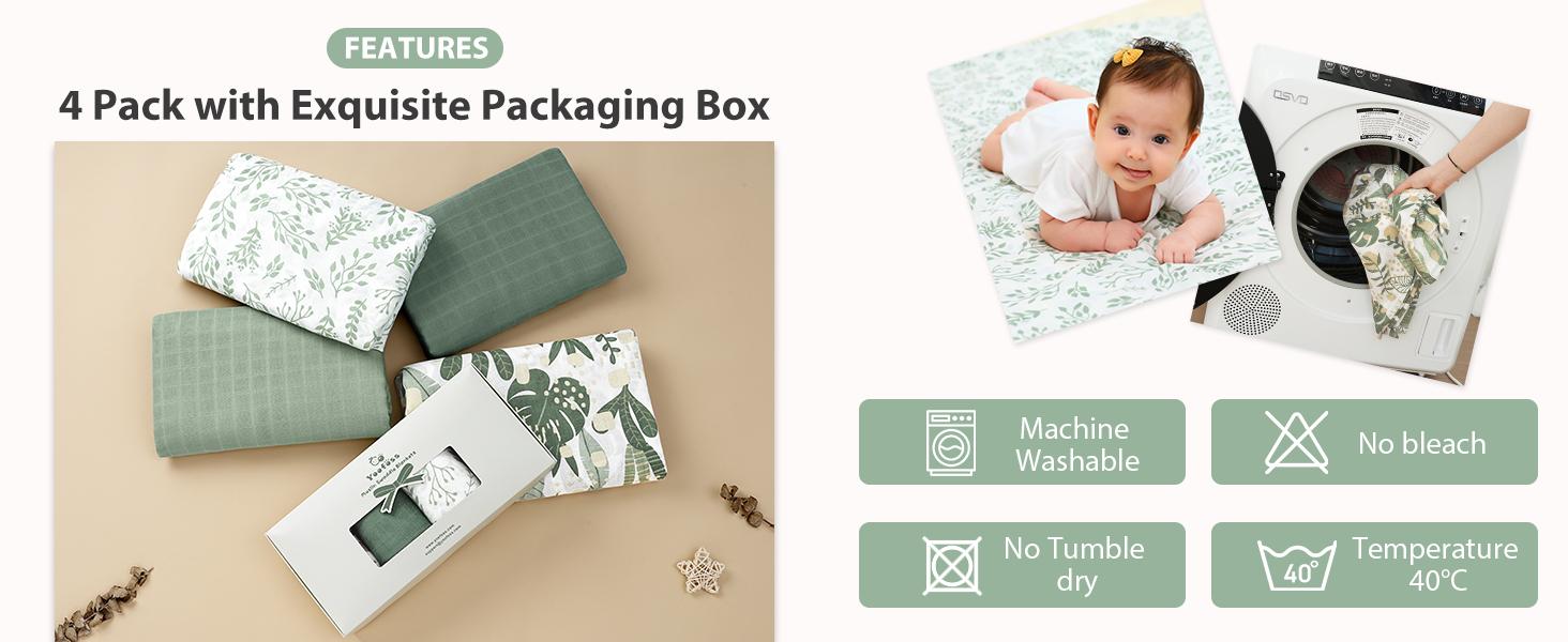 Yoofoss Muslin Swaddle Blankets – 4-Pack Receiving Blankets for Baby Boys and Girls, 47 x 47 inches, Neutral Swaddle Wrap made of 70% Rayon from Bamboo and 30% Cotton