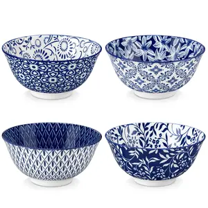 vancasso SELENE 24 oz Cereal Bowls Set of 4, Blue & White Floral Ceramic Bowls for Cereal, Soup, Pasta & Salad, Microwave & Dishwasher Safe