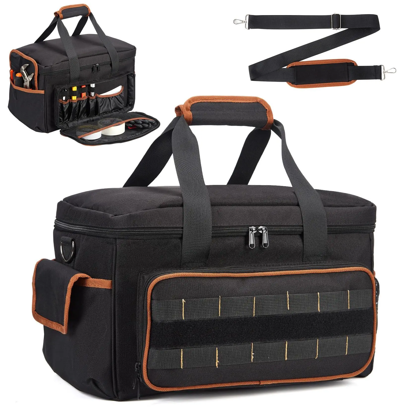 Heavy Duty 17 Inch Tool Bag for Men Women, Oxford Fabric Tool Tote with Multiple Pockets, Wide Mouth Opening, Adjustable Shoulder Strap, Organizer for Electricians Mechanics Carpenters HVAC