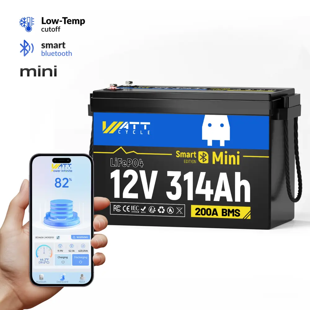 WattCycle 12V 314Ah Mini LiFePO4 Lithium Battery Capacity Built-in 200A BMS EV A+ Rated Cells Low Temperature Protection 15000 Cycles Ideal for RVs Golf Carts Trolling Motors Camper Van Marine Off-Grid Home Energy Storage Generators House Power Station su