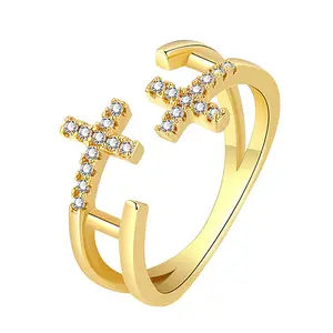 Women's Double Cross Ring: Adjustable Open Cubic Zirconia Stackable Ring, Religious Faith Christian Jewelry