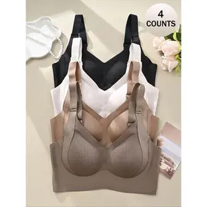 4-Piece Set Women's Solid Color Seamless Wireless Bra High Elastic Breathable Comfortable Adjustable Straps Three-Row Hook Soft Underwear Top Daily Wear Elegant Curvy Womenswear Minimalist Basic