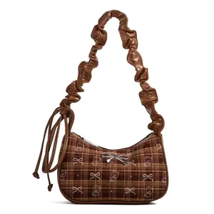 Five season home Women’s Five-Season Home Y2K Coquette Plaid Shoulder Bag — Cute Bear Bow Print Underarm Purse, Ruched Scrunchie Strap, Autumn/Winter Handbag