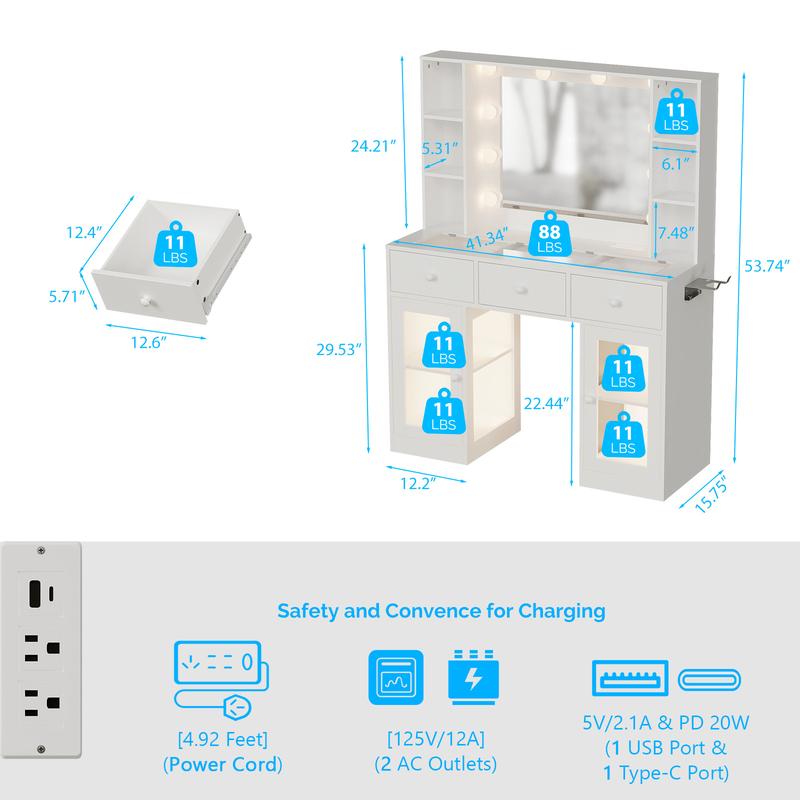 Ktaxon Vanity Table with RGB Lights & 3-Tone Dimmable Bulbs - Glass Top Dresser with 3 Drawers, 2 Glass Doors & 2 Side Shelves | Built-in Power Strip, Hair Dryer Holder