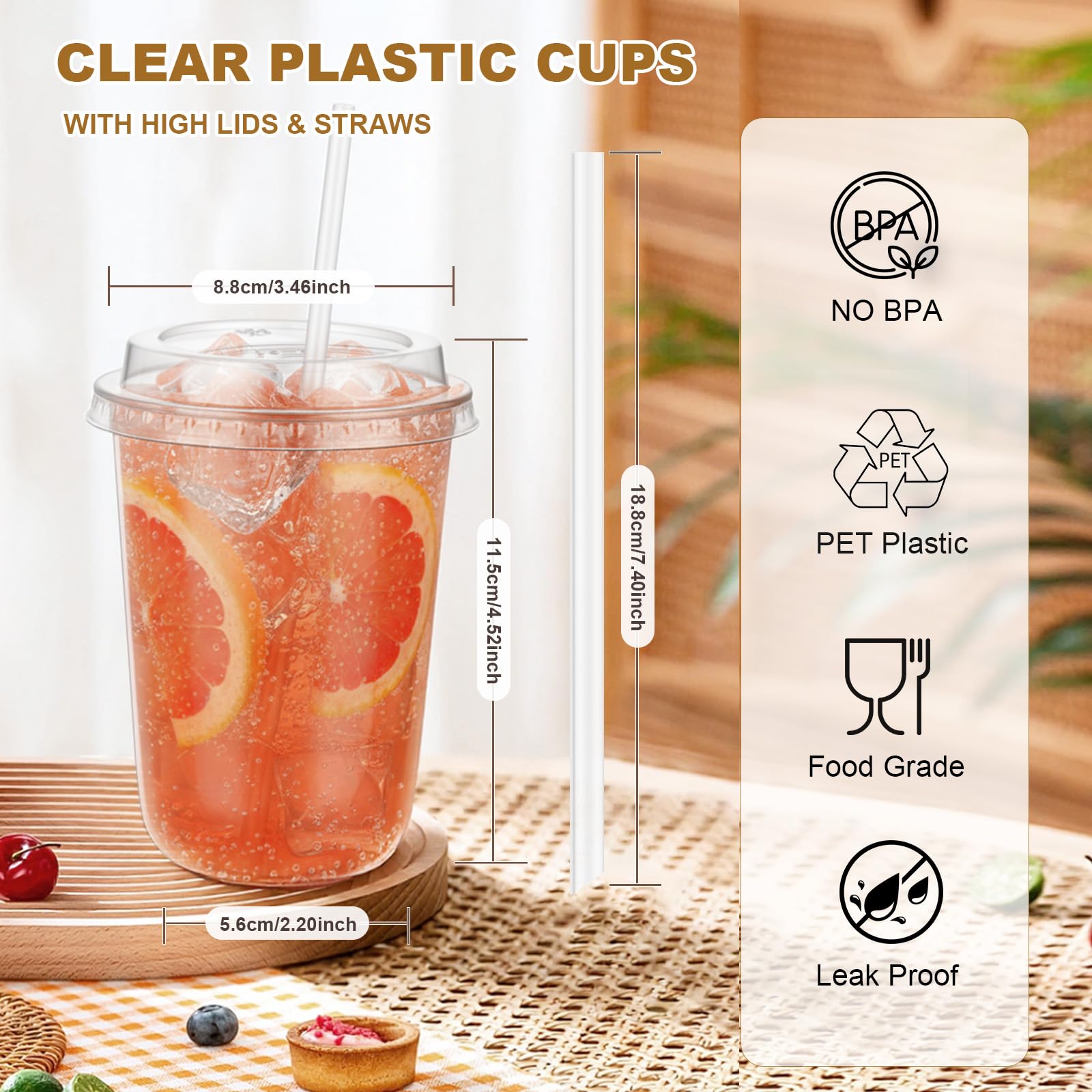 50 Set 16oz Clear Plastic Cups with Lids & Straws, Disposable Round Bottom To Go Iced Coffee Drinking Cup for Cold Beverage Smoothies Juice Lemonade Slushies Milkshake Party Catering Supplies