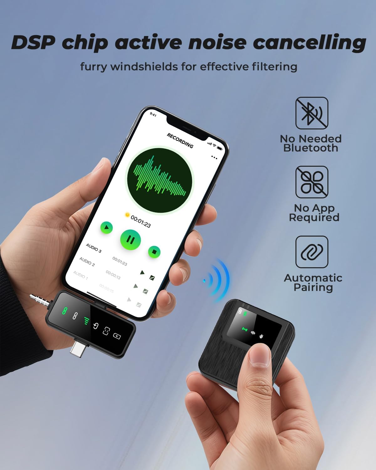 3-in-1 Compact Wireless Microphone for iPhone, Android, Camera: 20H Battery, 328FT Range, Mini Microphone for Video Recording, Noise Canceling for Content Creators, Power Conditioners