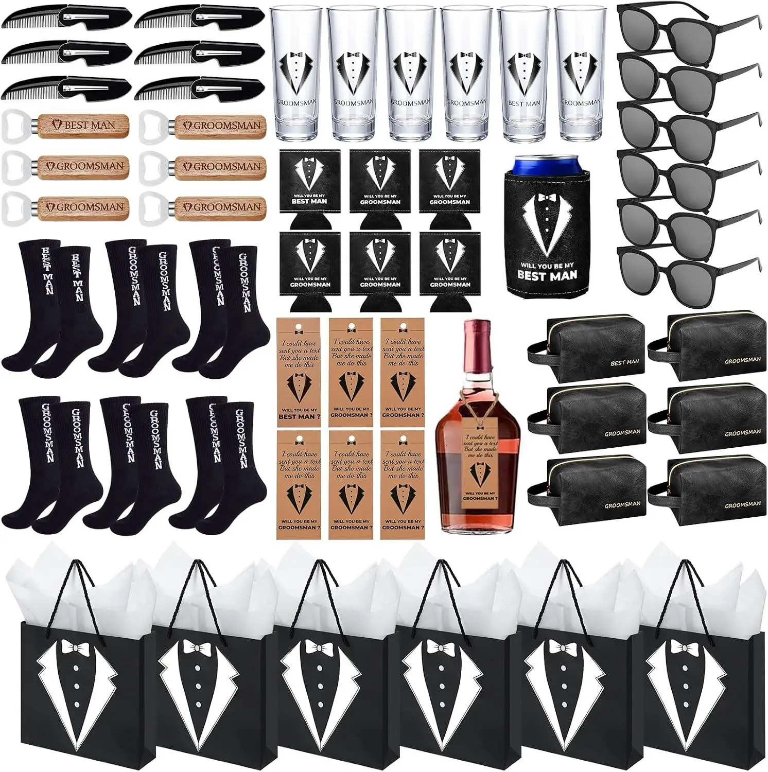 60Pcs Groomsmen Gifts Groomsmen Proposal Box with Shot Glasses Socks Sunglasses PU Leather Toiletry Bag Bottle Opener Can Cooler Groomsman Gifts for Wedding Groomsmen Best Man Gift (60, Black)
