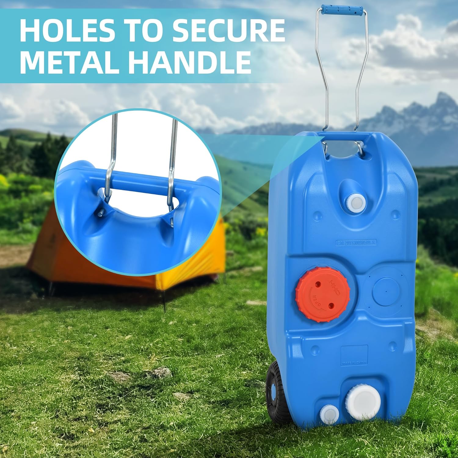 YITAMOTOR 40L Portable Water Tank with Solid Handle, Odorless Tote for Camper with Large Wheels, Portable Water Holding Tank with Filling and Draining Ports for Efficient Water Management, Blue