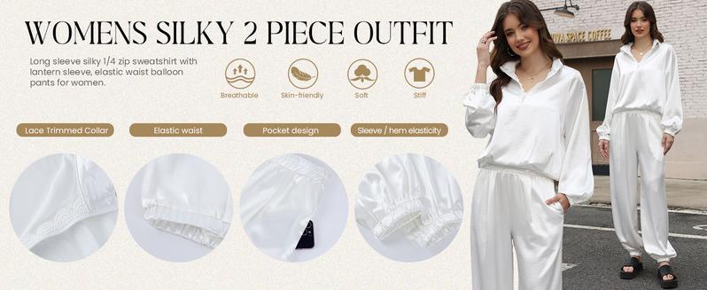 Yimoon Womens Zip 2 Piece Outfit Set Silk Satin Lounge Set Silky Long Sleeve Top Joggers Tracksuit Sweatsuit