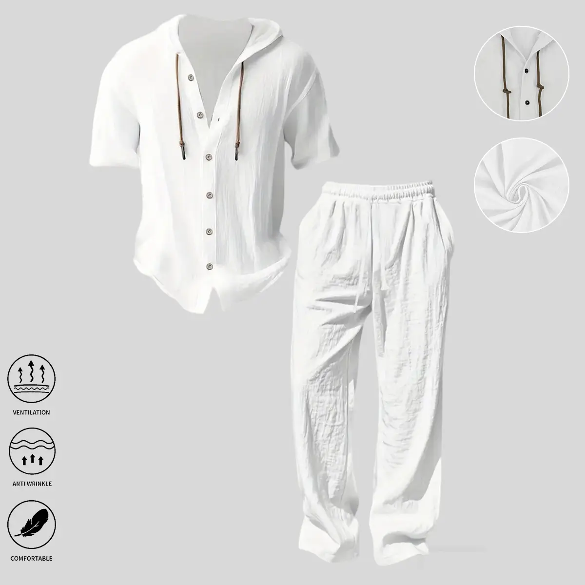 Men’s lightweight two-piece set with a hood, casual vacation style, loose and breathable thin fabric, hooded sweatshirt and wide-leg pants, for summer wear,summervibes