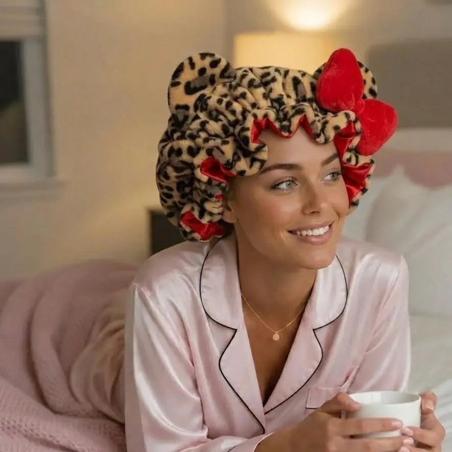 Women's Plush Satin Bonnet - Curly Hair Nightcap with Cute Animal Ears & Bow, Luxury Double-Layer Sleep Cap for Haircare, Friction-Free Protection, Hidden Adjustable Strap (Sports Headband Accessory)