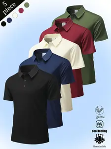 Men’s solid-color summer short-sleeve polo shirt with a turn-down collar, 5-pack; casual athletic men’s top suitable for business, travel, work, dates, and home wear—an essential for any trip.