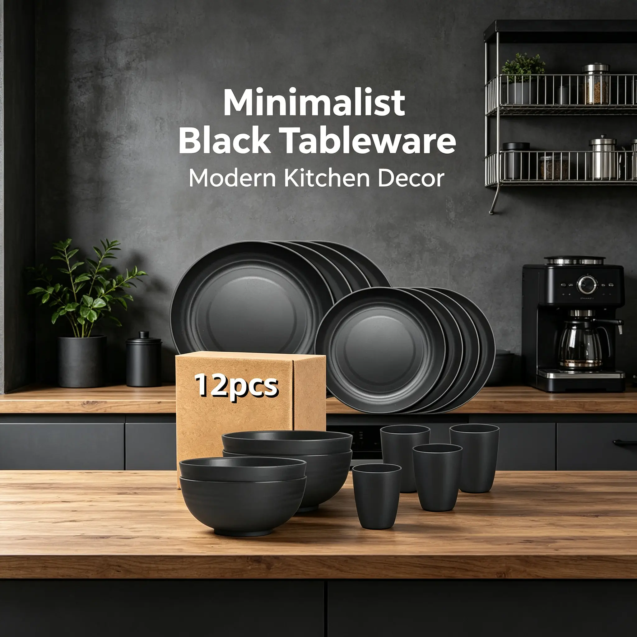 12Pcs Matte Black Wheat Straw Dinnerware Set for 2 People, Unbreakable Lightweight Plates Bowls Cups Combo, Microwave & Dishwasher Safe Eco Reusable Tableware, Apartment Camping Daily Use Kitchen Dishes