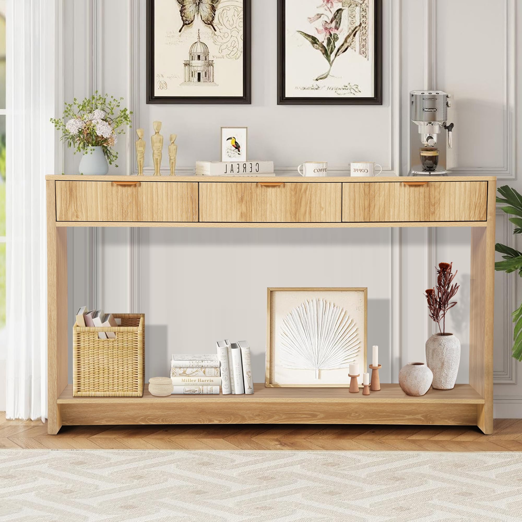 Giratree Narrow Console Table with 2 3 Drawers, Entryway Table with Storage, Table Behind Sofa Long for Living Room TV, Hallway Entrance Foyer, Mid Century Farmhouse Fluted Console Table