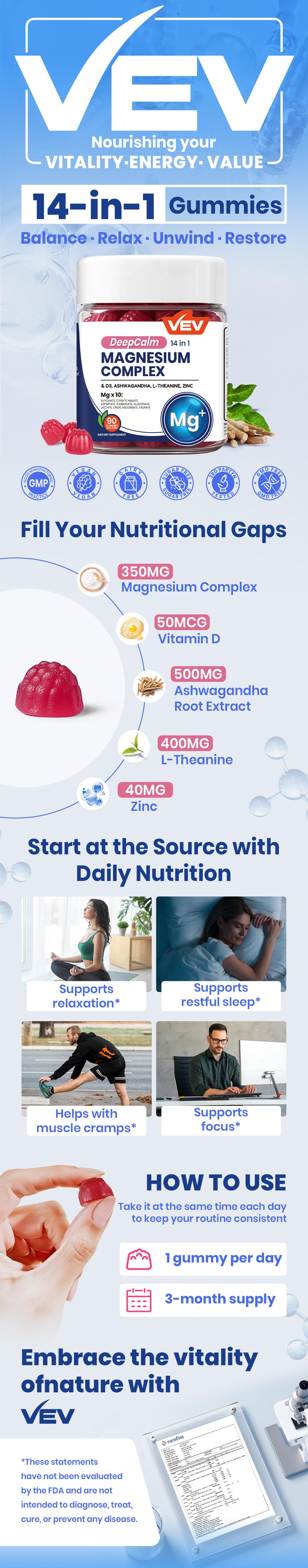 VEV DeepCalm Magnesium Complex Gummies - Ashwagandha & L-Theanine Blend with D3 & Zinc, 90 Count