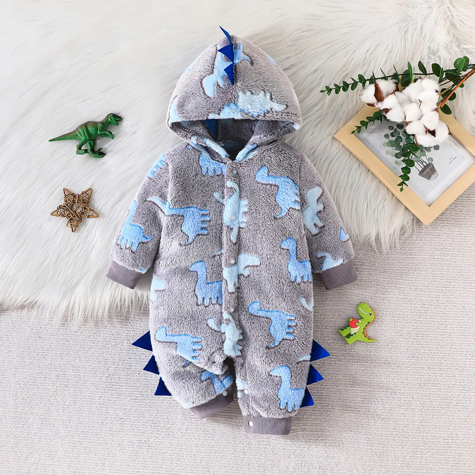 Infant Baby Boy Plush Hooded Jumpsuit Dinosaur Pattern Button Front Long Sleeve Hoodie Romper Toddler Bodysuit Fall Winter Clothes