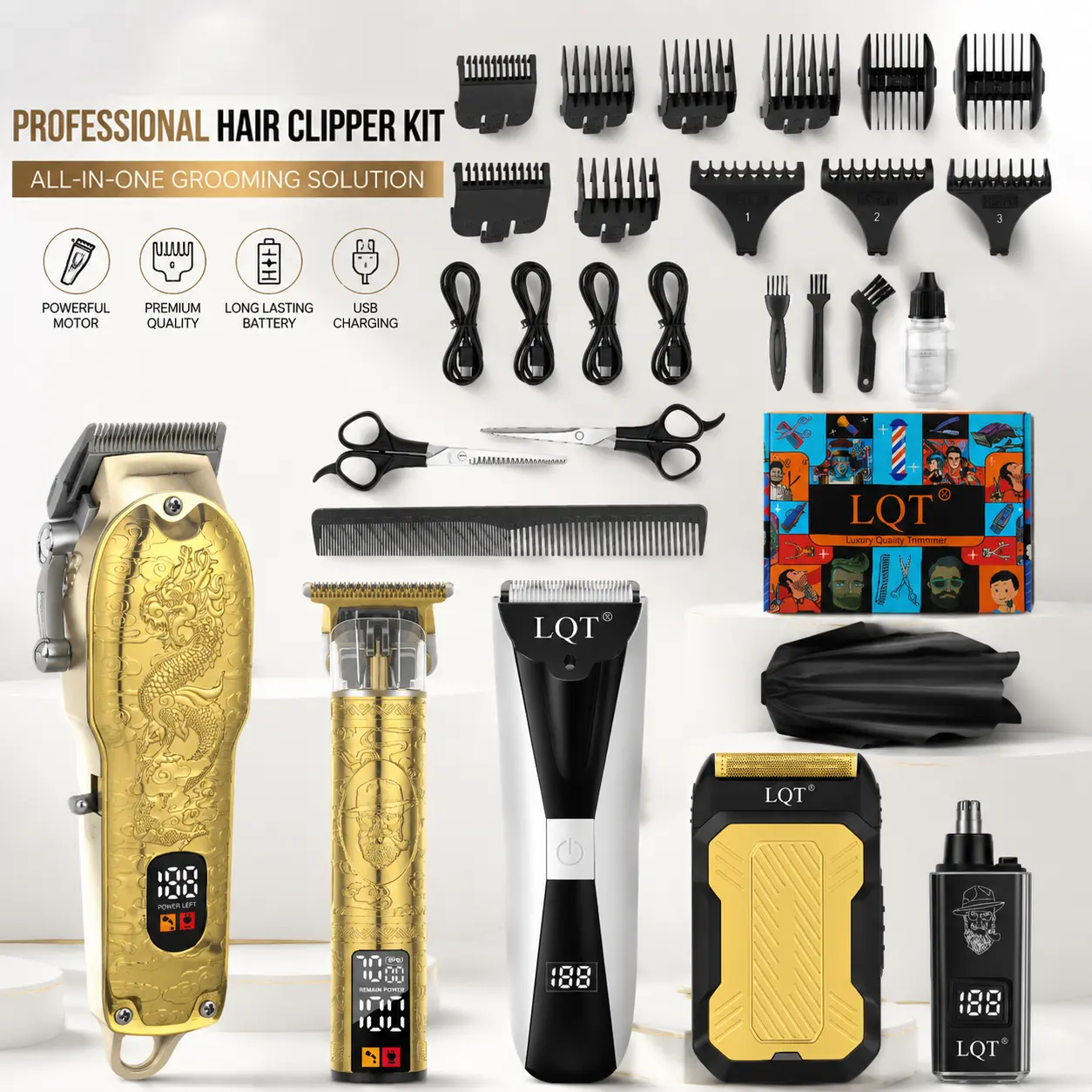 Men's 5-in-1 Professional Cordless Hair Clipper Kit - Gold Dragon Design Barber Trimmer, LCD Display, USB Rechargeable, Clear Lightweight Handle, Smooth Cut, Complete Grooming Accessories Set