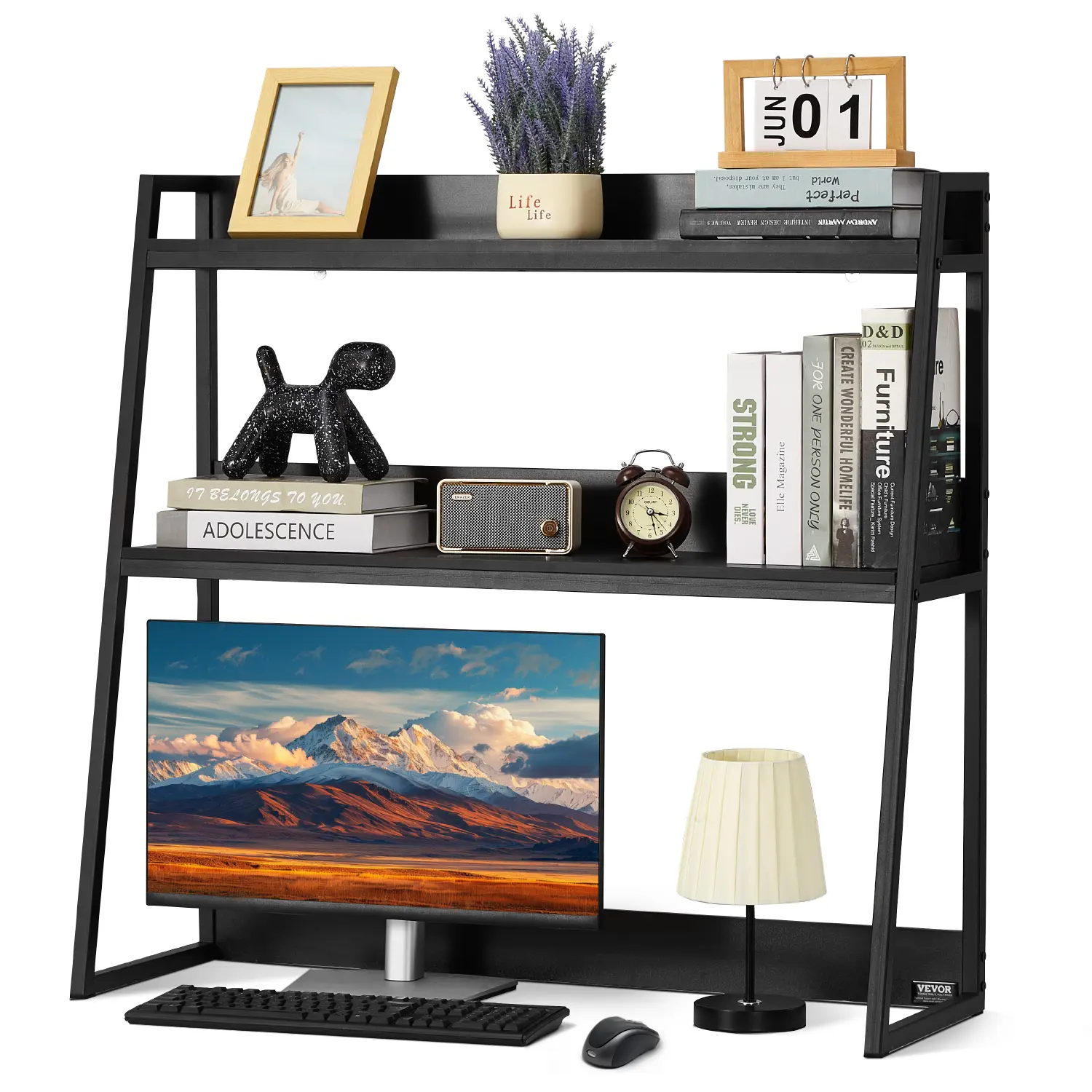 VEVOR Desktop Bookshelf,  2-Tier Desktop Storage Organizer, 37.4" x 12.6" x 35.4" Office Desk Storage Rack Display Shelf, Desktop Bookshelf Hutch with Anti-Slip Feet Pads, for Office, Home & Dorm, Black