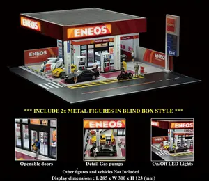 American Diorama AD x G-Fans Model Display ENEOS 1:64 Scale Japan Gas Station Diorama with LED Lights, Openable Doors, Detail Gas Pumps, 2 Metal Figures Included