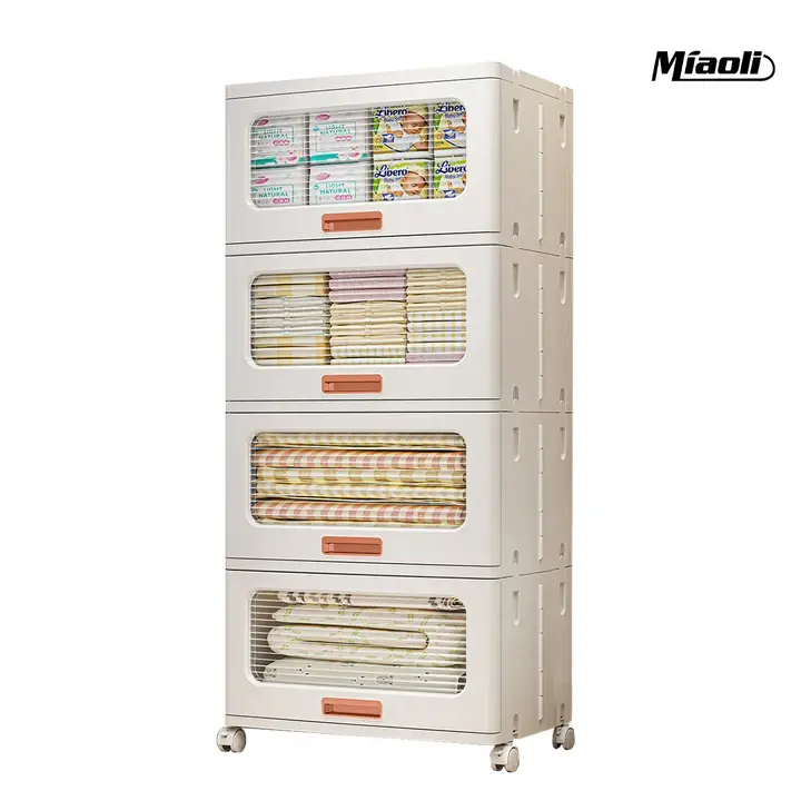 miaoli 2/3/4-Layer Folding Storage Cabinet with Wheels PP Material Durable Layered Design for Living Room Kitchen Bedroom Game Room Tool Room Home Use Student Dormitory Assembly Easy Foldable layer storage cabinet