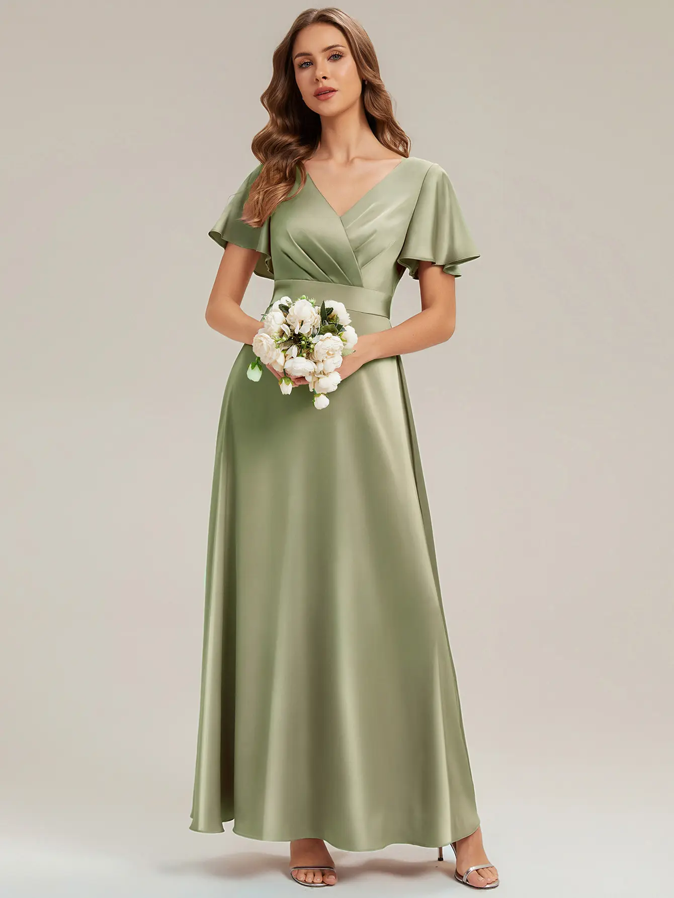 EVER PRETTY Women's Romantic Satin A-Line Bridesmaid Dress, Formal Maxi Gown with V-Neck and Ruffle Sleeves for Weddings, Dresses For Women, Style, Fabric