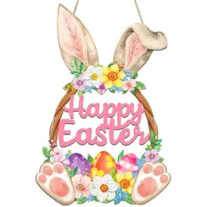 Wooden Easter Decoration Door Wreath for Front Door Sign Wall Signs Rabbit Spring Decoration, Hollow Bunny Sign Flower Egg Welcome Hanging for Home Wall Decor Party Outdoor indoor Supply Happy Easter