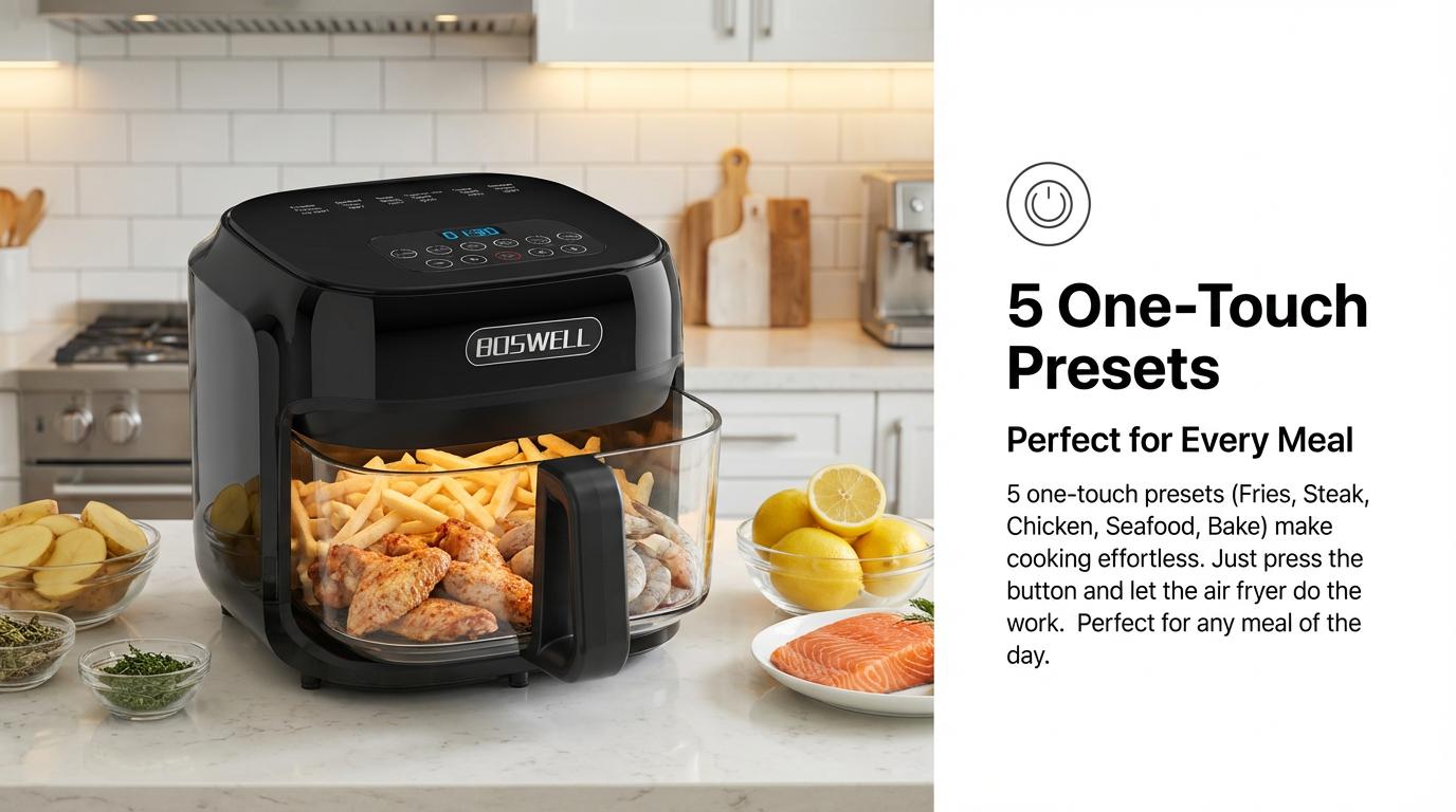 BOSWELL 7.5QT Glass Air Fryer with Transparent Bowl – 5-in-1 Rapid Heating, Fits a Whole Chicken, Oil-Free & Healthy Crispy Results, Dishwasher-Safe, A Perfect  Gift for Family or Couples