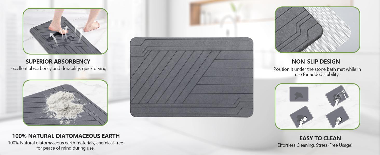 Stone Bath Mat - 23.6" x 15.4" Ultra Absorbent Diatomite Non-Slip Quick Drying Mat for Wet Areas Easy to Clean Bathroom Mat