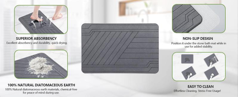 Stone Bath Mat - 23.6" x 15.4" Ultra Absorbent Diatomite Non-Slip Quick Drying Mat for Wet Areas Easy to Clean Bathroom Mat