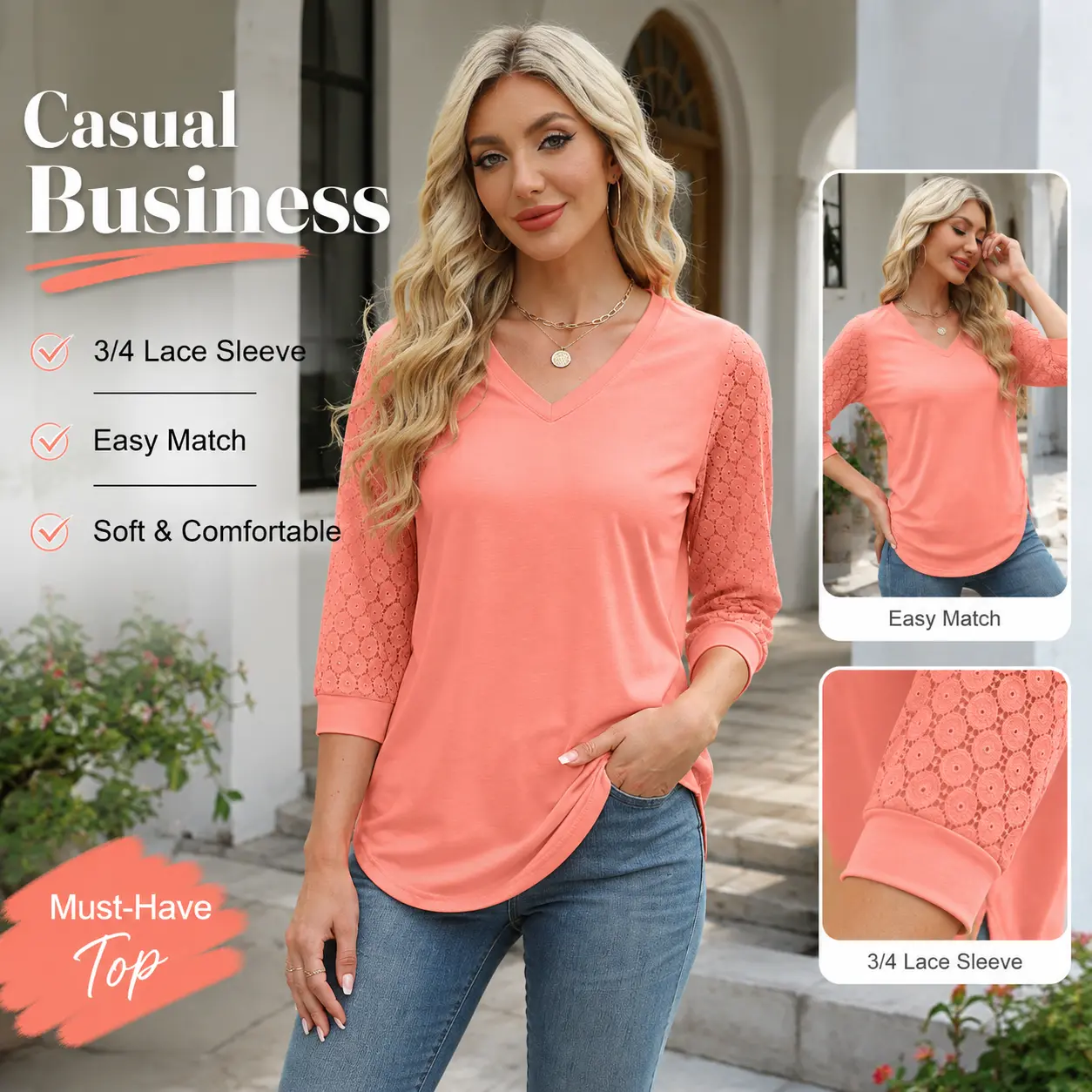 WIHOLL 3/4 Length Sleeve Womens Tops V-Neck Lace Tunic Tops Business Casual Blouses 2026 Elegant Womenswear, Women's Fashion, Tops For Women, Corporate Attire Women, Dressy Tops