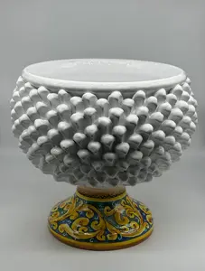 Caltagirone Ceramic Half Pine Cone Vase Holder, H.30 L.32 cm, Handcrafted, White, Decorated Base