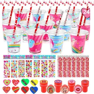 Valentine’s Day Gifts for Kids, 24 Pack Classroom Valentine Stationery Set with Cards, Pencils, Stickers & Erasers, School Exchange Party Favors for Boys & Girls
