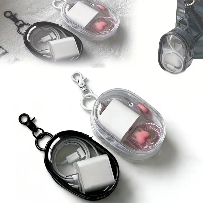 2Pc/Set Mini Clear Earphone Pouch With Keychain, Black+White，Cord Organizer Travel, Charger Organizer, Mini BagWhite&Black, Clear PVC, Transparent, Waterproof, Durable, Clear Earphone Case With Zipper