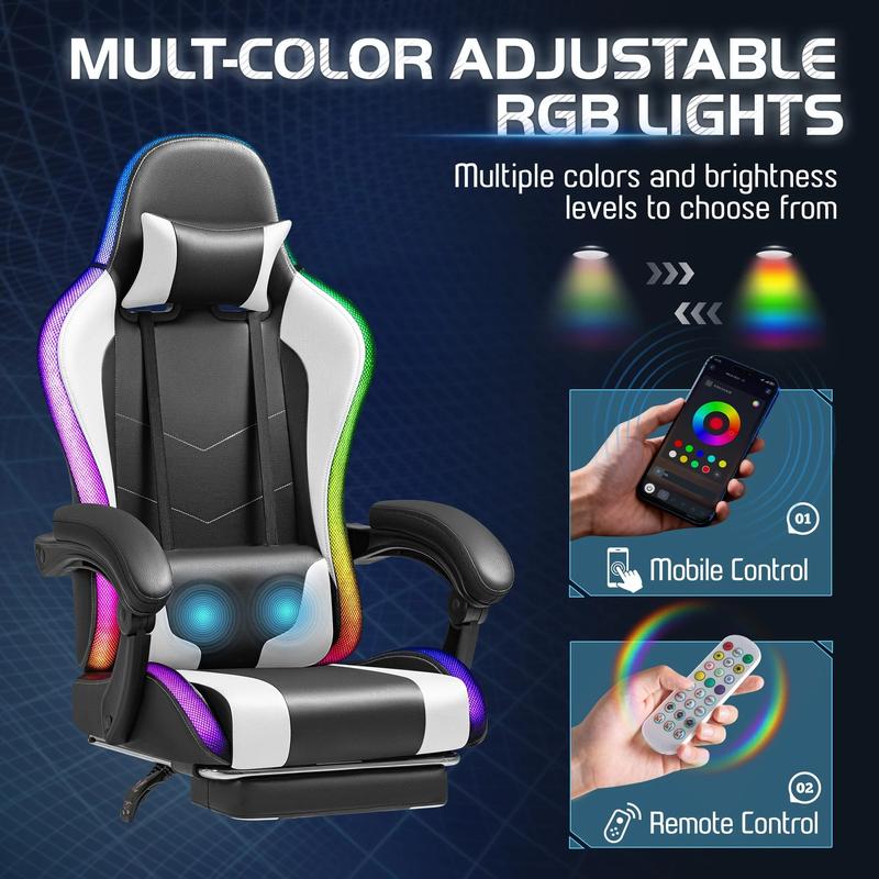[Completely Upgraded] Homall Gaming Chair with RGB LED Lights&No LED Lights,Ergonomic Design, Footrest & Massage Lumbar Support, Height Adjustable, Seat with 360° Swivel and 135° Recline, High-Density Foam, PU Leather, 300 lbs Weight Capacity