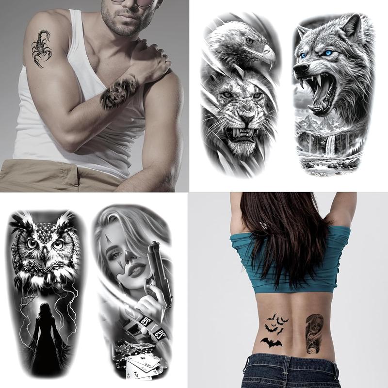 82 Sheets Temporary Tattoo for Men Women Adults, Include 12 Sheets Black 3D Half Sleeve Temporary Tattoos, Halloween Tattoos Scary Lion Wolf Tiger Skull Skeleton Tattoos Stickers 82 Sheets Temporary Tattoo for Men Women Adults, Include 12 Sheets Black 3D Half Sleeve Temporary Tattoos, Halloween Tattoos Scary Lion Wolf Tiger Skull Skeleton Tattoos Stickers