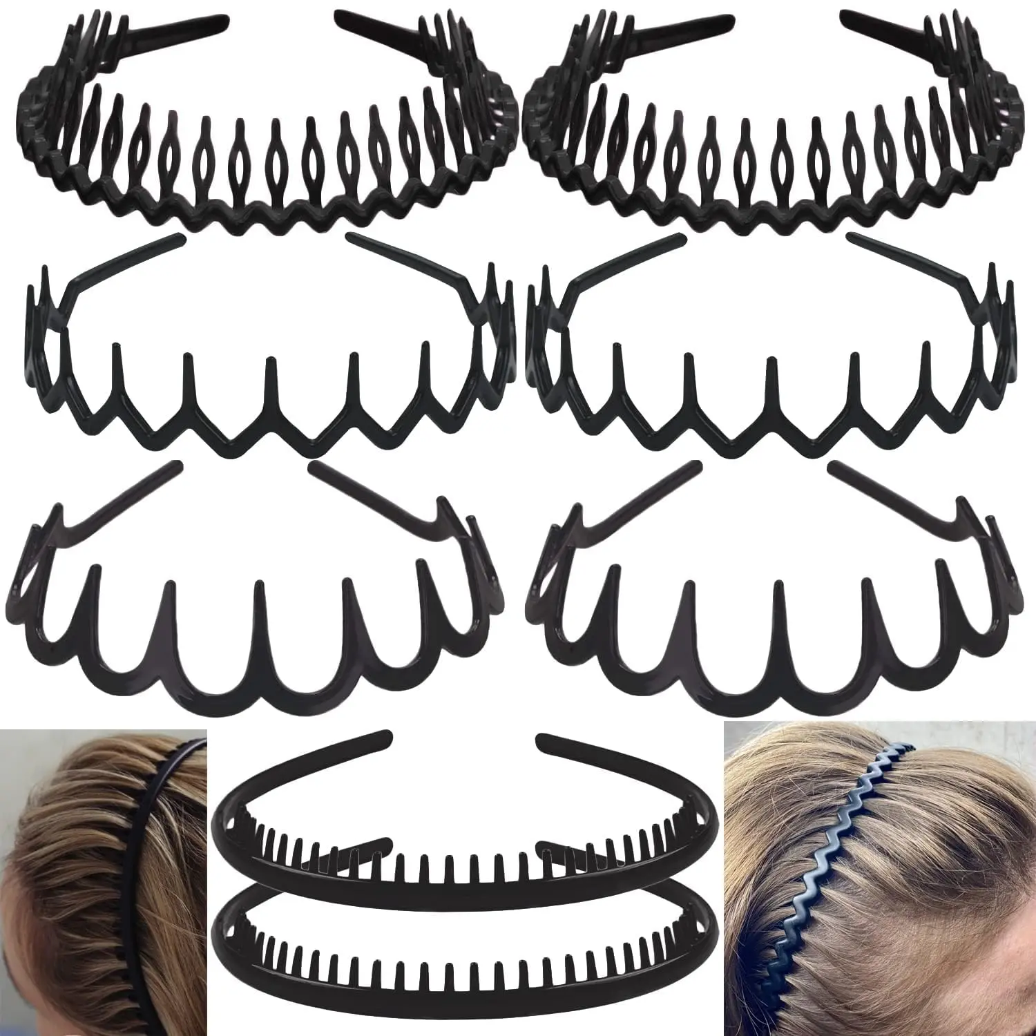 Women's 8 PCS Matte Black Skinny Polycarbonate Hairbands - Anti-Fall No-Slip Effortless Headbands with Teeth Comb, Arc Hair Accessories Kit for Teens R2015