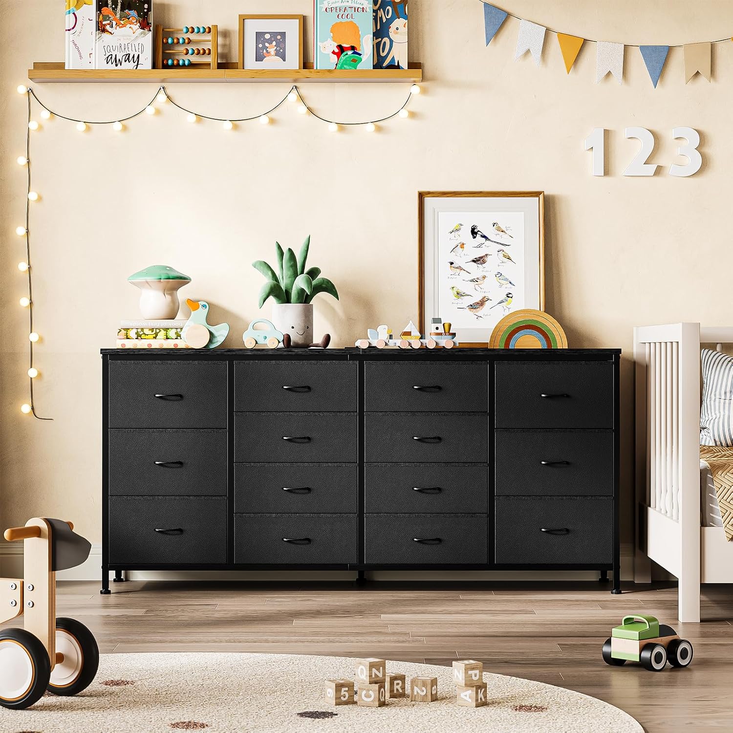 14 Drawer Dresser, 63 in Black Fabric Dresser TV Stand with Power Outlet for 65 70 75 in TV, Long Entertainment Center for Bedroom, Closet, Living Room, Entryway