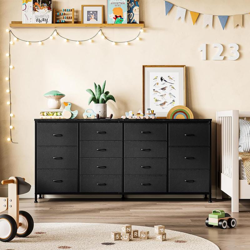 14 Drawer Dresser, 63 in Black Fabric Dresser TV Stand with Power Outlet for 65 70 75 in TV, Long Entertainment Center for Bedroom, Closet, Living Room, Entryway