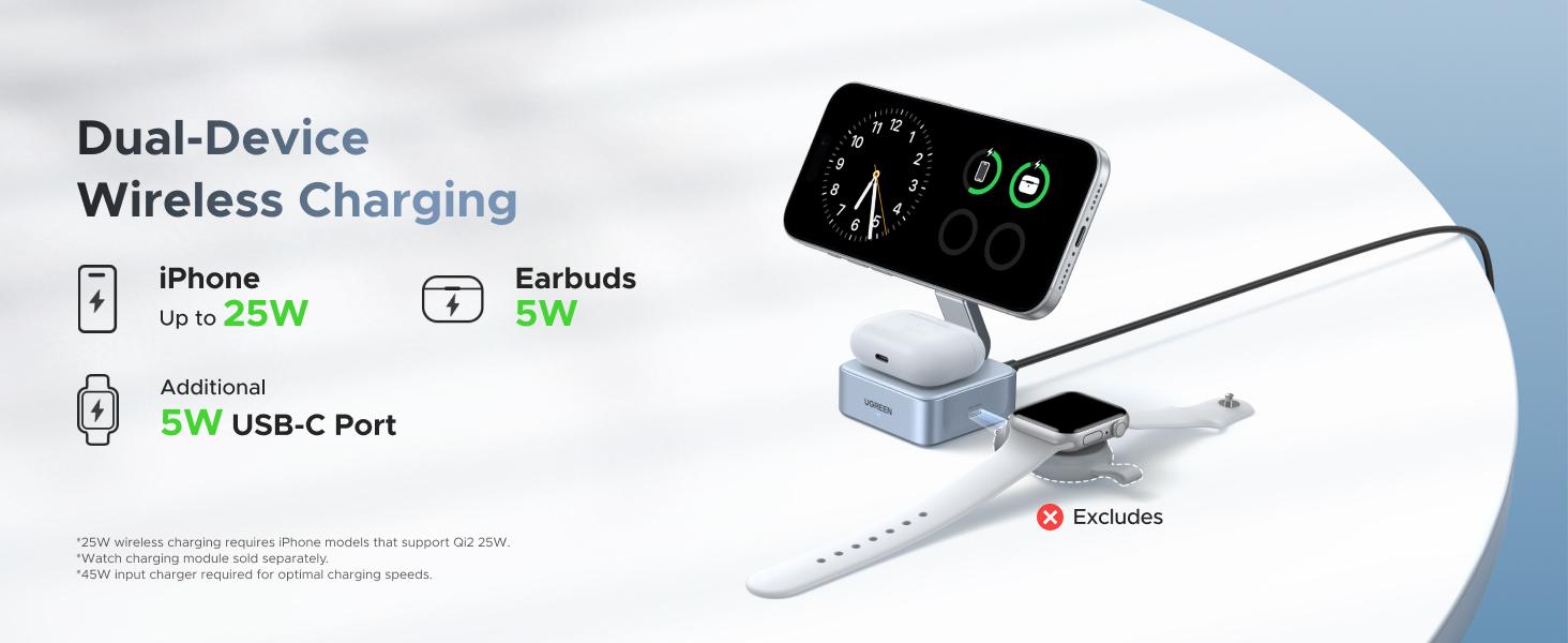 【LIVE ONLY】UGREEN 25W Magflow Wireless Charger 2-in-1 Magnetic Charging Station for iPhone 17/16/15/14/13/12 Pro Max, Fast Qi2 Certified Foldable Stand with USB-C Port, Compatible with AirPods, Dual Device Charging,TikTokShopholidayhaul