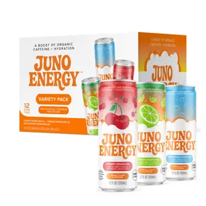 JUNO ENERGY Organic Sparkling Energy Drink – Natural, Zero Sugar, Clean Caffeine & Electrolytes Beverage – 12 Pack